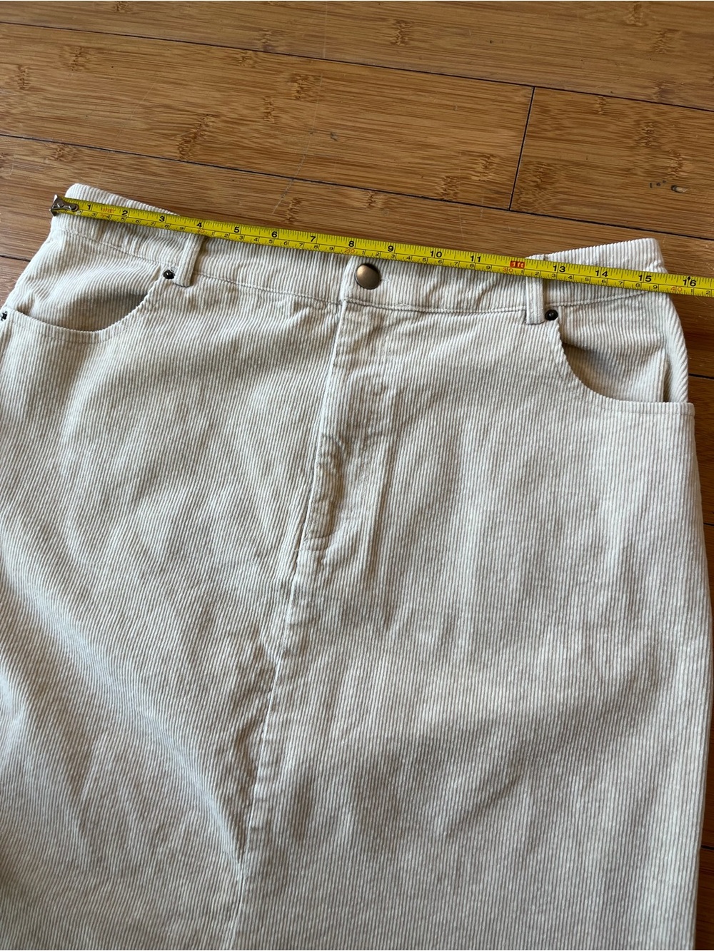 Mystree Cream High-Waist Western Corduroy Midi Skirt with Front Slit Raw Hem - Picture 7 of 11